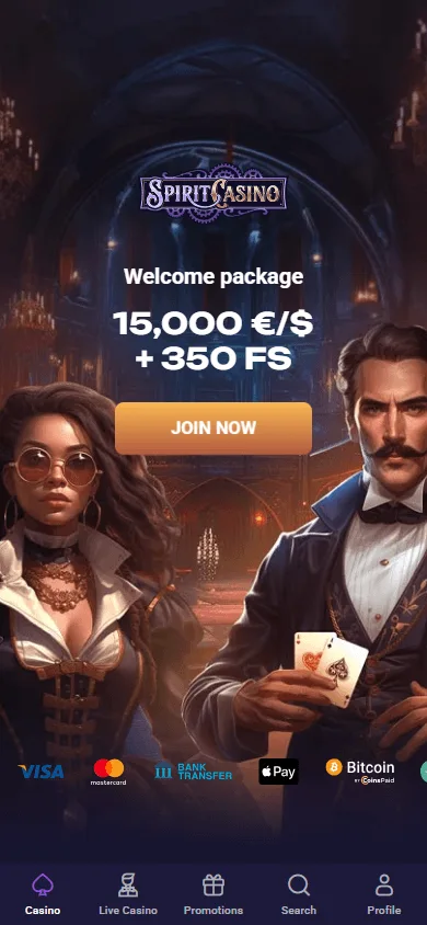 Spirit Casino home interface on a mobile device