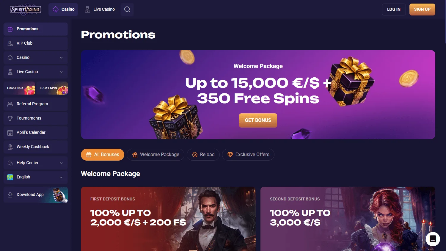 Spirit Casino promotions interface on a desktop device