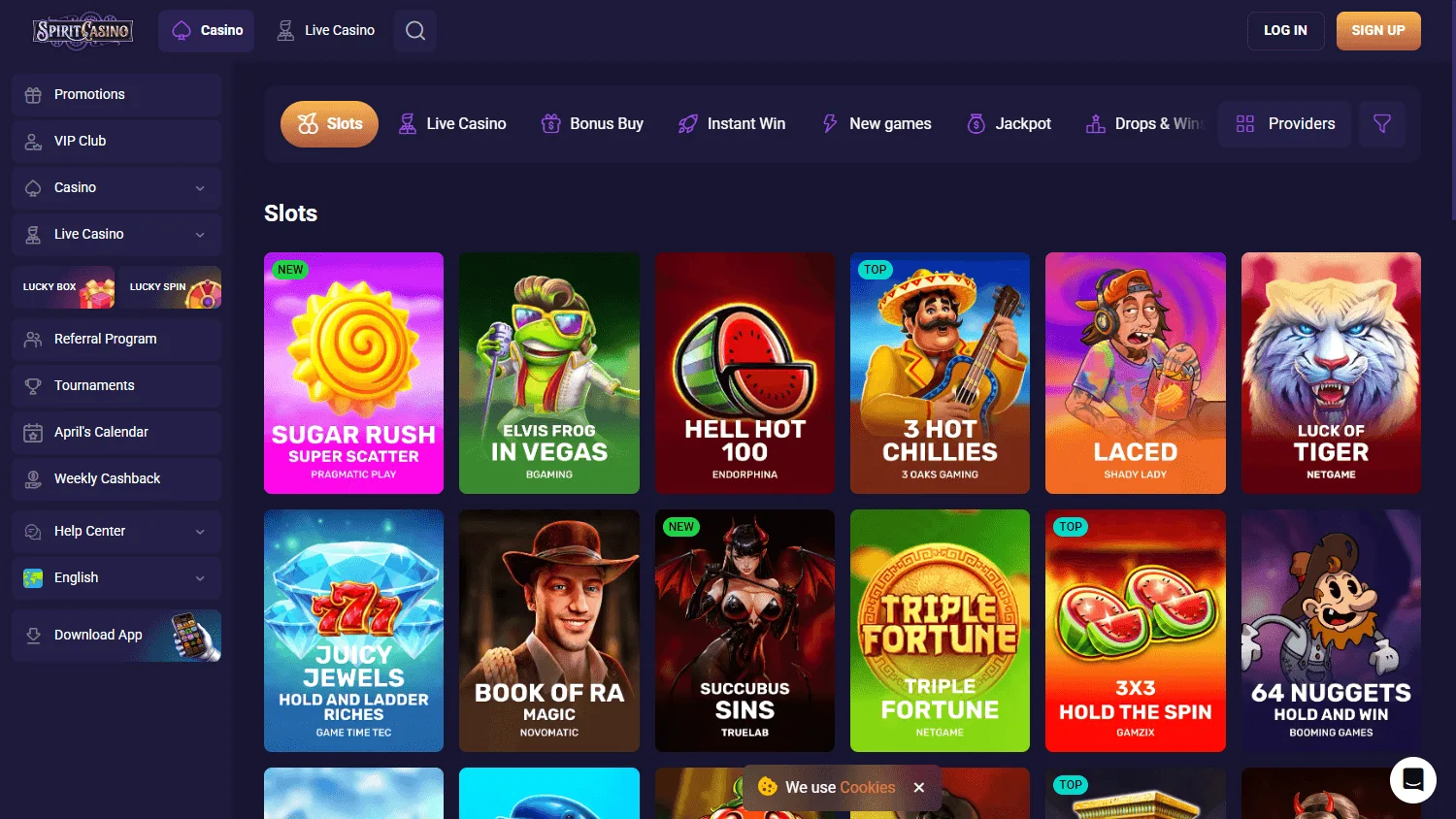 Spirit Casino games interface on a desktop device