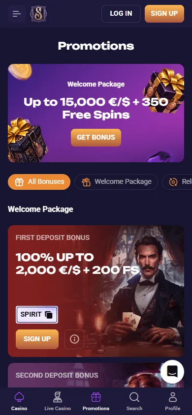 Spirit Casino promotions interface on a mobile device