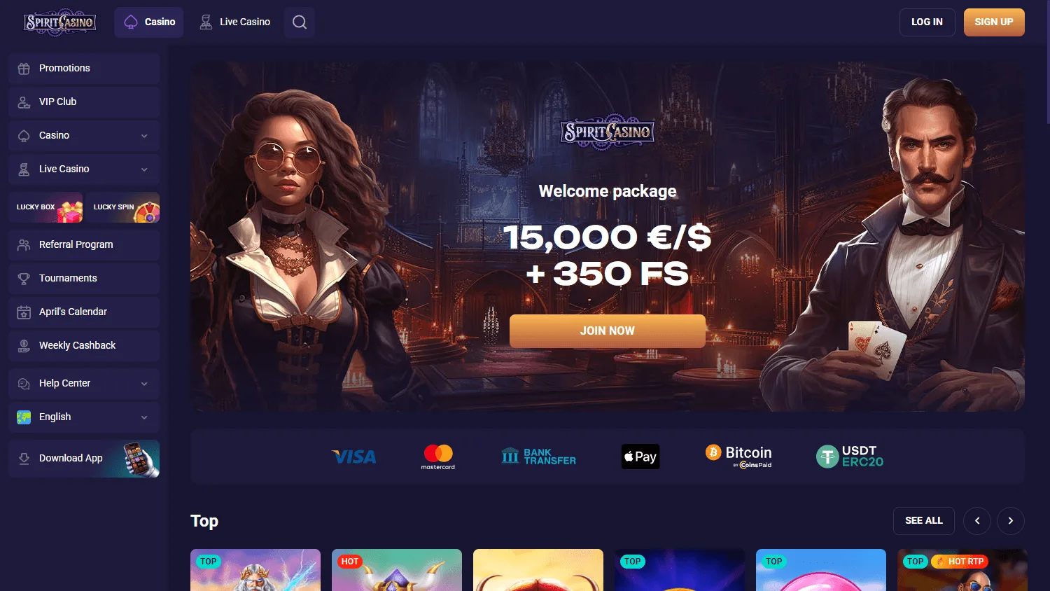 Spirit Casino home interface on a desktop device